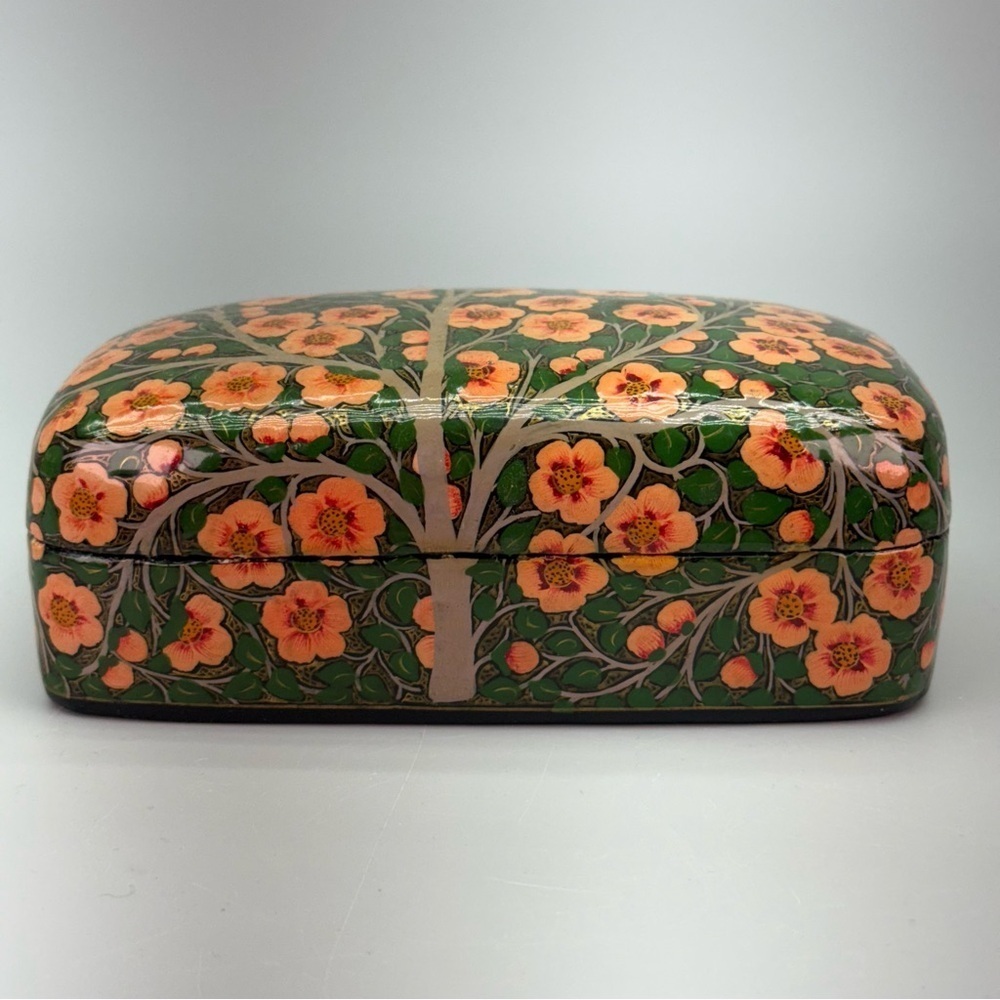Vintage Handpainted Floral Velvet Lined 
Kashmiri Lidded Jewelry Trinket Box